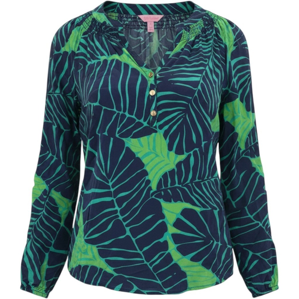 Lilly Pulitzer Elsa‎ Blouse Womens XS Navy Green Palm Leaf Silk Top Tropical